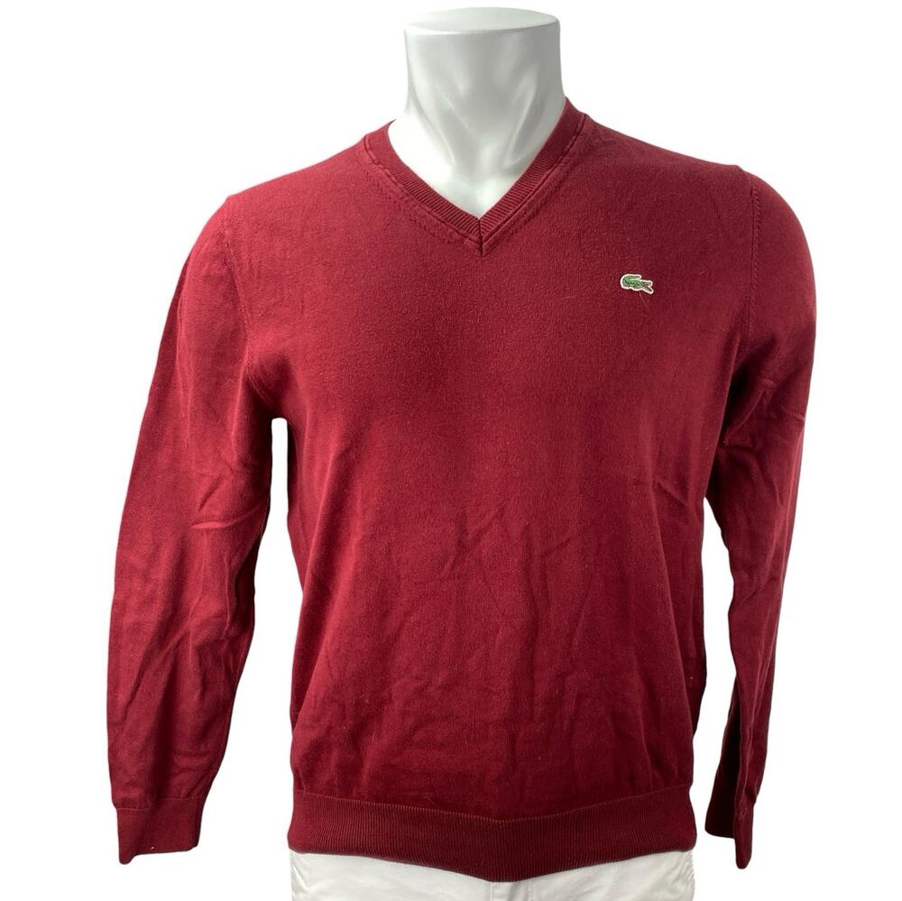 Lacoste Men's Maroon Red V-neck Long Sleeve Cotton Sweatshirt Sweater Top Size M